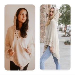 Lace up Knit Poncho with a hood - oatmeal